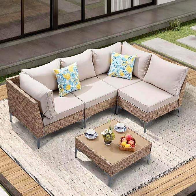 JOYURE 5 Piece Wicker Patio Furniture Set, Outdoor Conversation Sectional Sofa by JOYURE