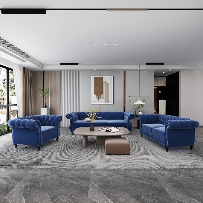 RARZOE 3 Pieces of Living Room Furniture Sofa Sets, Modern Velvet Chesterfield by RARZOE
