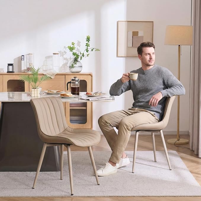 YOUNUOKE Mid-Century Modern Dining Chairs Set of 2, Khaki PU Leather - Image 3
