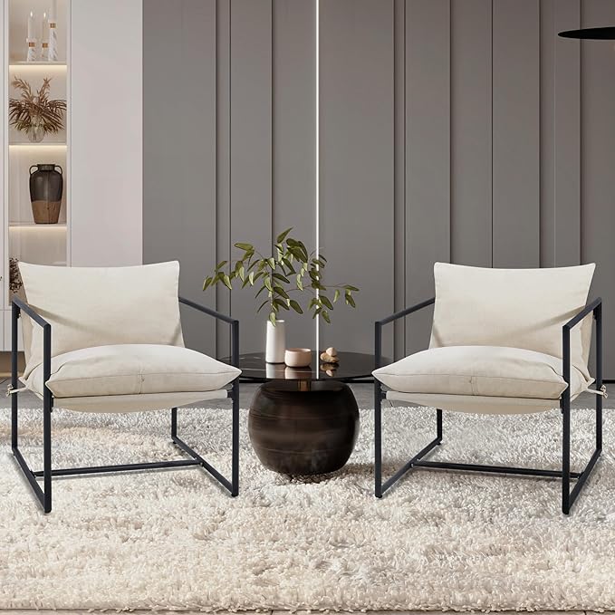 Kromax Sling Accent Chair, Cozy Living Room Chairs, Square Metal Frame by KROMAX
