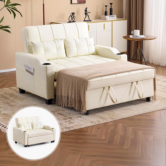 VINGLI Beige Futon Sofa Bed Convertible Loveseat Sleeper Couch, Faux Leather by VINGLI