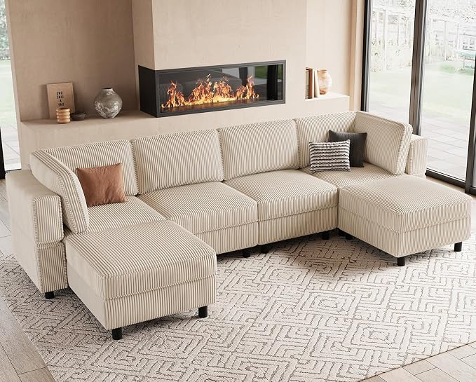 Belffin U Shaped Sectional Sofa Couch Convertible 6 Seater Corduroy Couch by Belffin