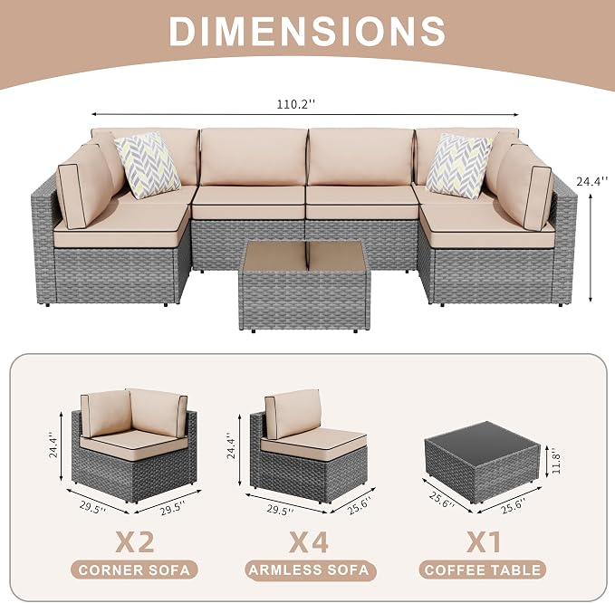 JAMFLY 7-Piece Outdoor Patio Furniture Set, Modular PE Rattan Sectional Sofa - Image 2