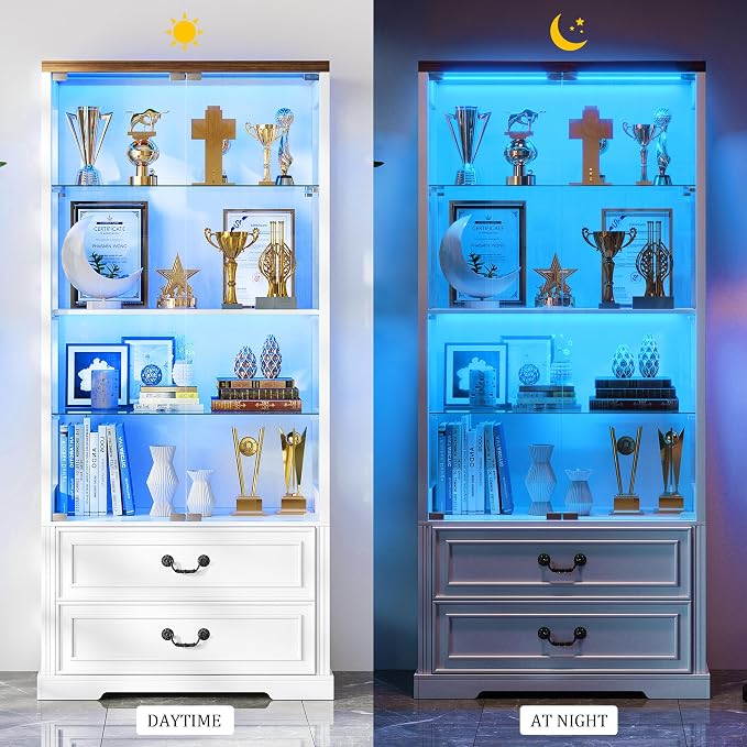 FREDEES Display Cabinet with Glass Doors, Tall Bookcase with 3 Color Lights and - Image 6