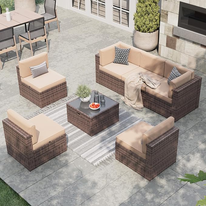 Aoxun 7 Piece Patio Furniture Set, All-Weather Wicker Outdoor Furniture 6 Seats by Aoxun