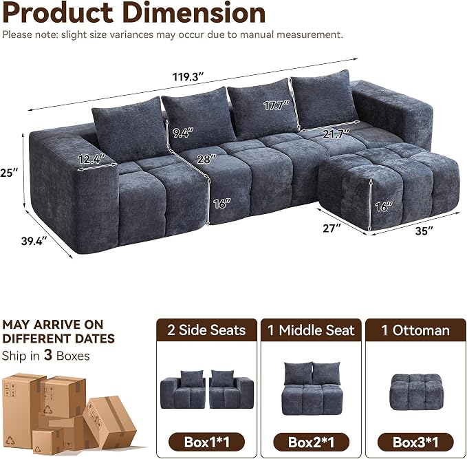119" Boneless Couch, Oversized Cloud L Shaped Couch, Modular Sectional 4 Seater - Image 2