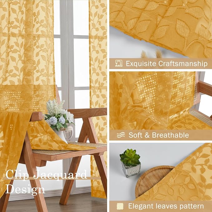 Chyhomenyc Gold Sheer Curtains 24 Inch Length, Light Filtering Leaf Tufted - Image 6