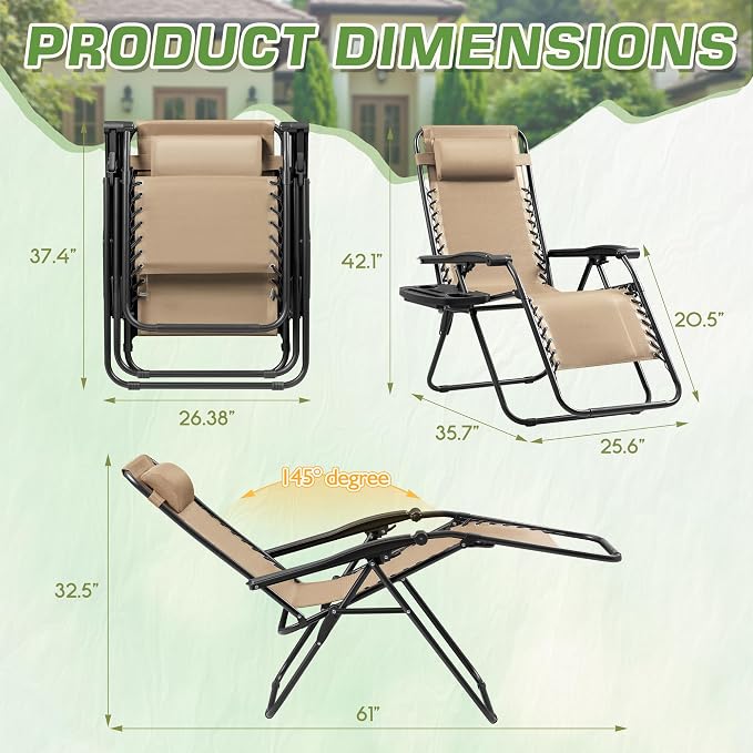 Devoko Set of 2 Zero Gravity Lounge Chairs, Outdoor Folding Adjustable Steel - Image 3