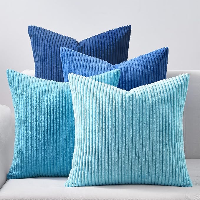 Topfinel Blue Throw Pillow Covers 18x18 Inch Set of 4, Soft Accent Corduroy by Topfinel