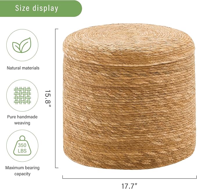 Wimarsbon Round Pouf Ottomans, Handwoven Natural Water Hyacinth Seagrass Pouffe - Image 3