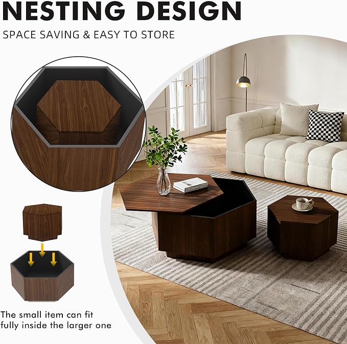 Hexagonal Nesting Coffee Tables Set of 2, Walnut Coffee Table - Image 3