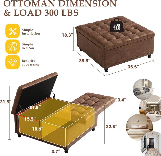 36" Large Square Ottoman with Storage, Tufted Upholstered Storage Ottoman with - Image 2