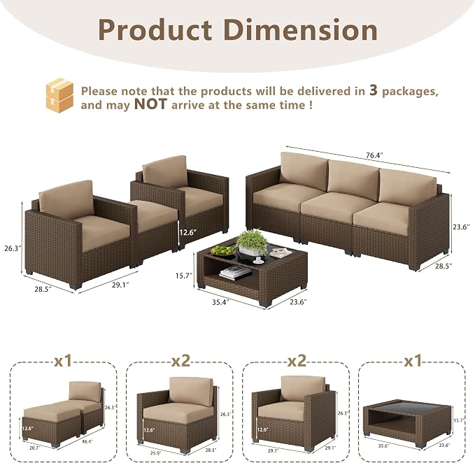 LOUVIXA 7 Piece Outdoor Patio Furniture Set, Rattan Chairs Glass Table Wicker - Image 2