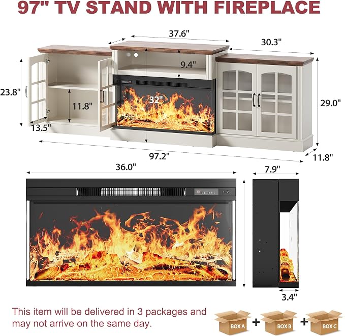 97" Fireplace TV Stand with 36" Electric Fireplace, Farmhouse Entertainment - Image 5