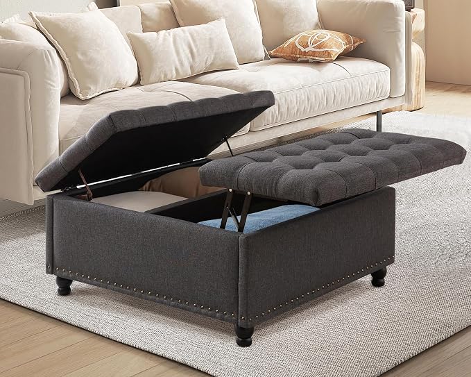 36" Large Square Ottoman with Storage, Tufted Upholstered Storage Ottoman with by UTOASIS