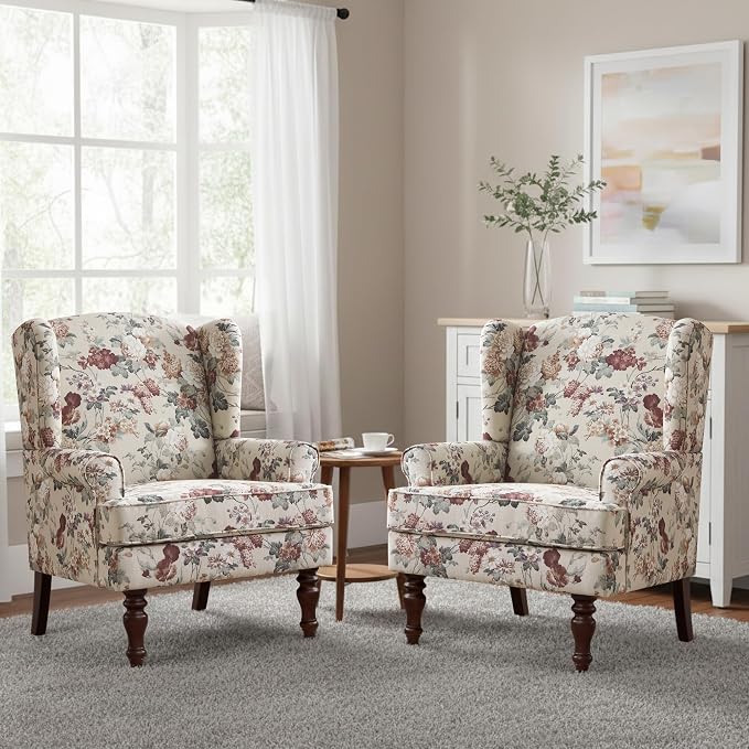 HUIMO Printed Wingback Accent Chair, Linen Upholstered High Back Armchair by HUIMO