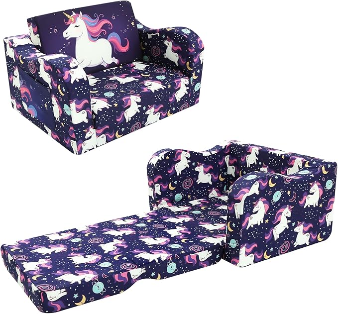 MeMoreCool Kids Folding Couch – Purple Unicorn Toddler Chair, Fold-Out 2-in-1 by MeMoreCool