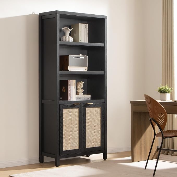 SICOTAS Bookcase 71" Tall Bookshelf 5 Tier Rattan Boho Bookcase - Image 4