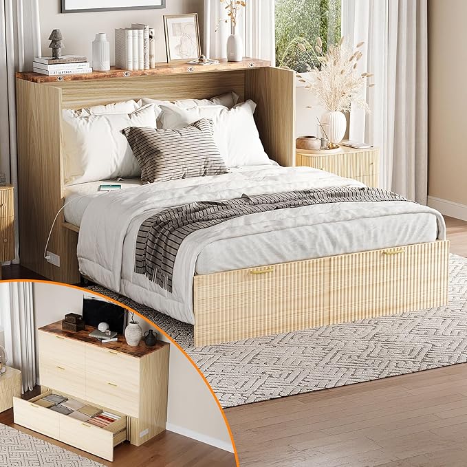 VINGLI Queen Murphy Bed with Storage Drawer, 2 Charging Station, Fluted Wooden by VINGLI