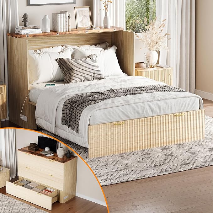 VINGLI Full Murphy Bed with Storage Drawer, 2 Charging Station, Fluted Wooden by VINGLI