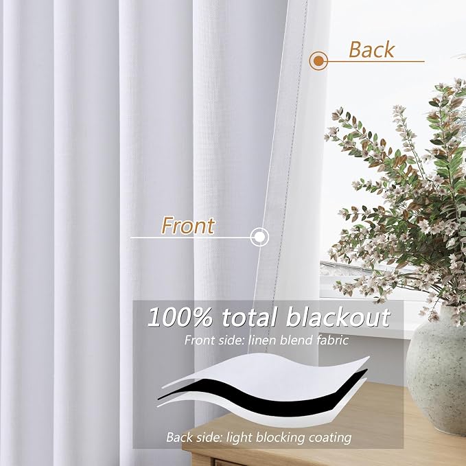 Guken White 100% Blackout Linen Curtains 52 Inch Wide by 142 Inch - Image 4