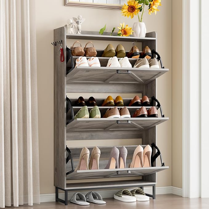 BORNOON Shoe Cabinet with 3 Flip Drawers Narrow Shoe Storage Cabinet Organizer - Image 3