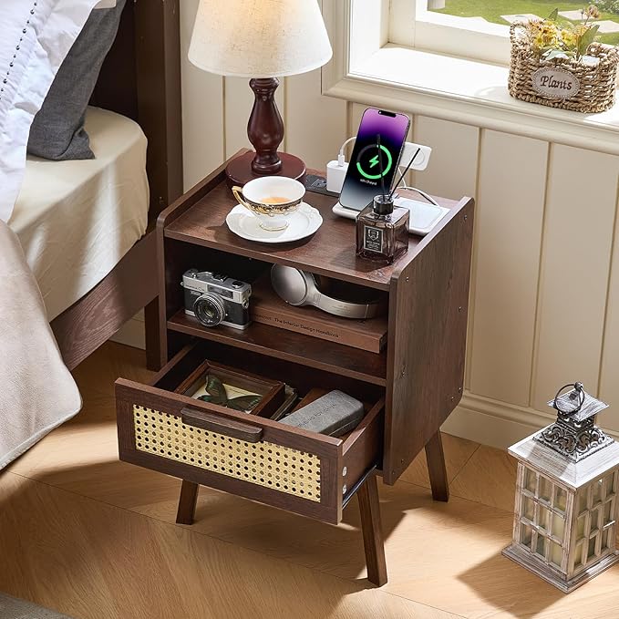 Lerliuo Rattan Nightstand with Charging Station, Walnut Bedside Table with - Image 7