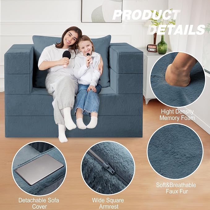 Folding Bean Bag Chair for Adults, 3-in-1 Bean Bag Couch Faux Fur Floor Sofa - Image 7