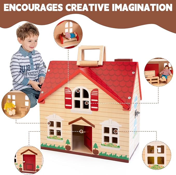 Foldable Wooden Dollhouse with 13PCS Furniture, 4 Rooms and 2 Flexible Dolls - Image 4