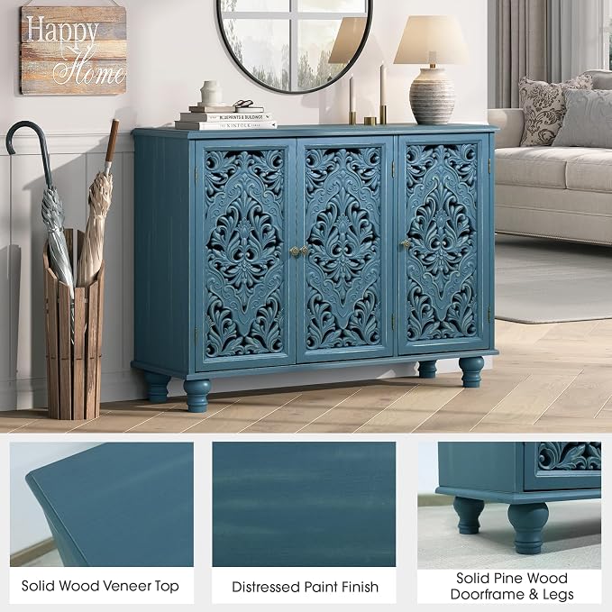 JOINICE Accent Cabinet with 3 Carved Doors, Distressed Blue Sideboard Buffet - Image 3