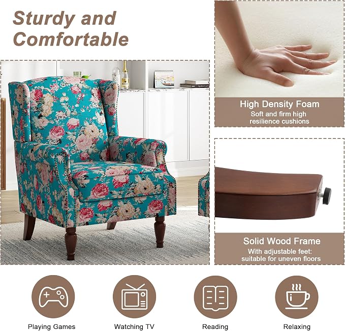 Pia Ricco Set of 2 Floral Accent Chairs, High Back Upholstered Armchairs - Image 4