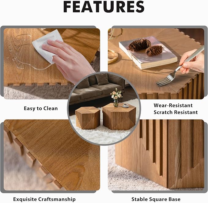 Hexagonal Nesting Coffee Table Set of 2, Wooden Fluted Coffee Table - Image 5