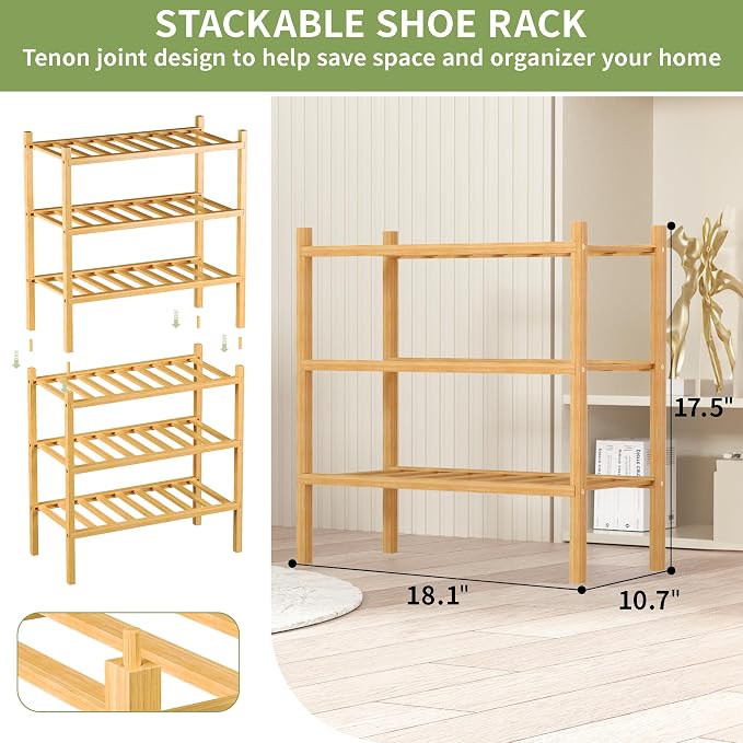 ROMGUAR CRAFT 3-Tier Bamboo Small Shoe Rack, Free Standing Wood Shoe Shelf - Image 3