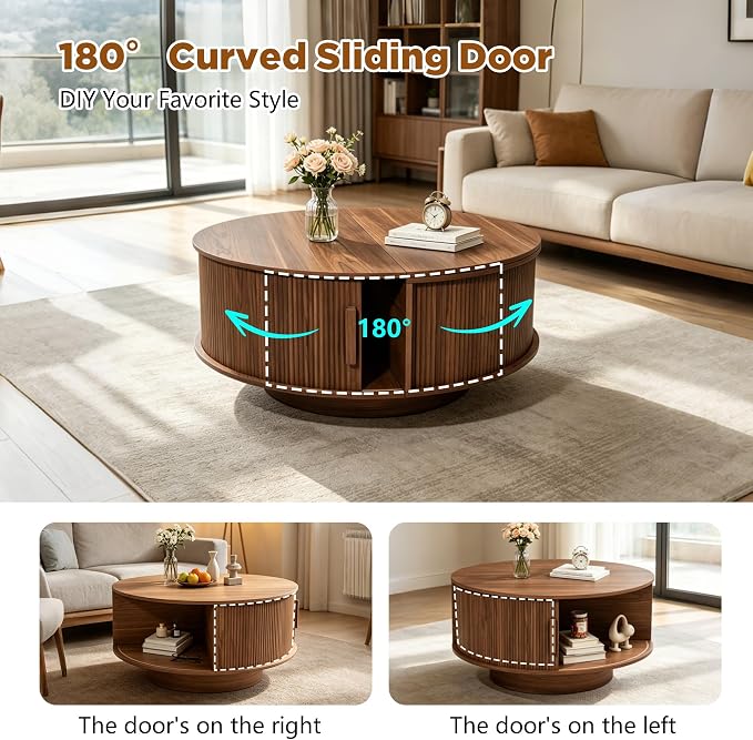 Round Lift Top Coffee Table, Mid Century Modern Fluted Circle Coffee Table - Image 4