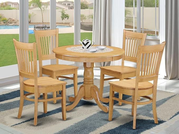 East West Furniture ANVA5-OAK-W 5 Piece Dining Set Includes a Round Dining Room - Image 2