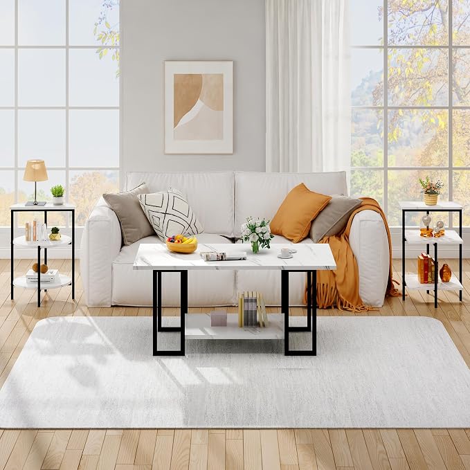 AWQM Faux Marble Table Set, Coffee Table & 2 Side Table, Faux Marble Tabletop - Image 3
