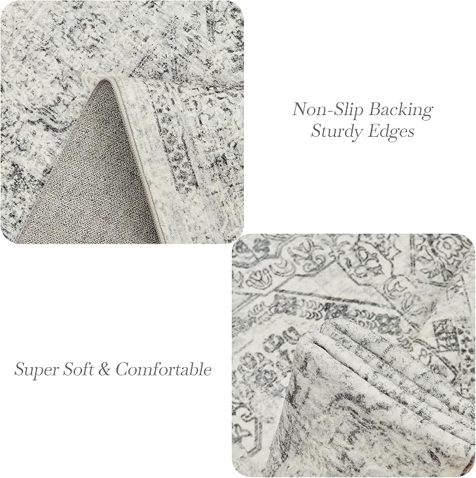 5x7 Area Rugs Grey Low Pile Indoor Washable Trendy Faded Style Floral Rugs - Image 5