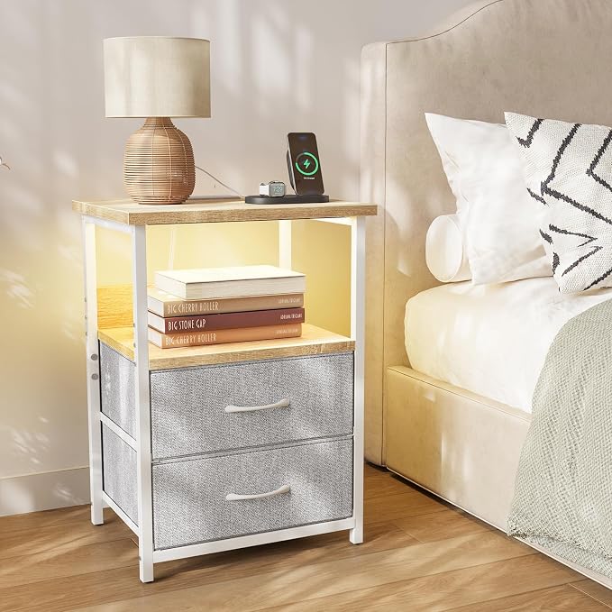 Fixwal Night Stand with Charging Station, LED Nightstand with U-S-B Ports and - Image 5
