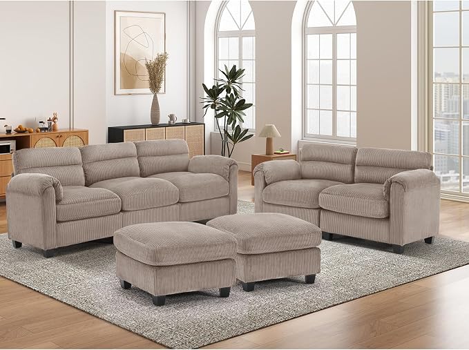 HAOMARKETS Corduroy 4-Piece Sofa Set, Upholstered Ottoman Set of 2, Loveseat - Image 6