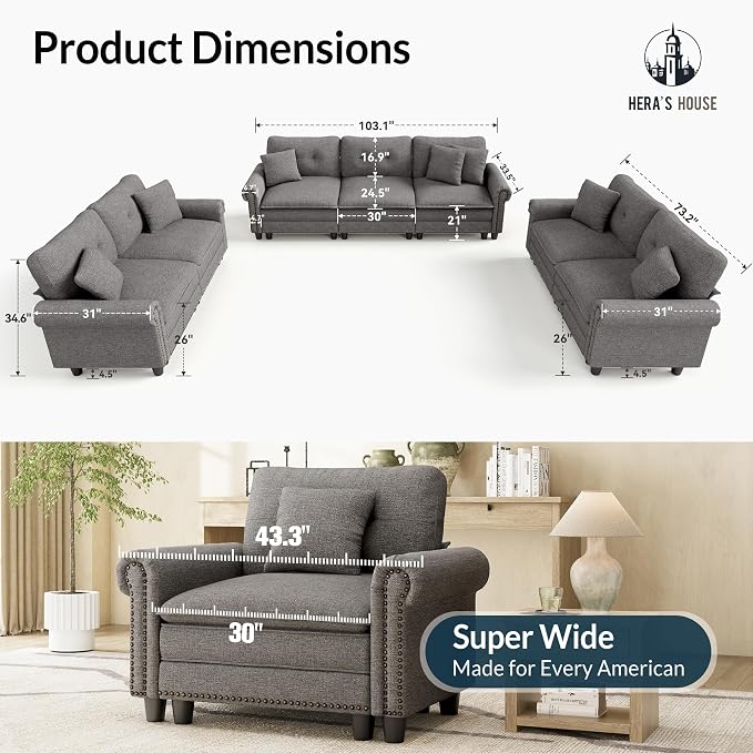 HERA'S HOUSE 3 Pieces Modular Sectional Sofa Sets, Oversized Couch Set - Image 2