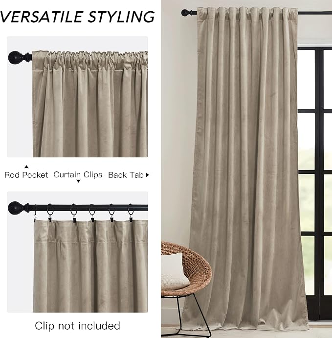 RYB HOME Camel Beige Velvet Curtains 96 inch, Room Darkening Window Curtains - Image 3