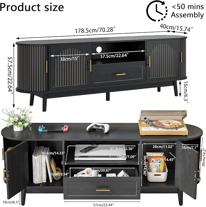 70" Fluted TV Stand for Tvs up to 80", Mid-Century Modern Entertainment Center - Image 2
