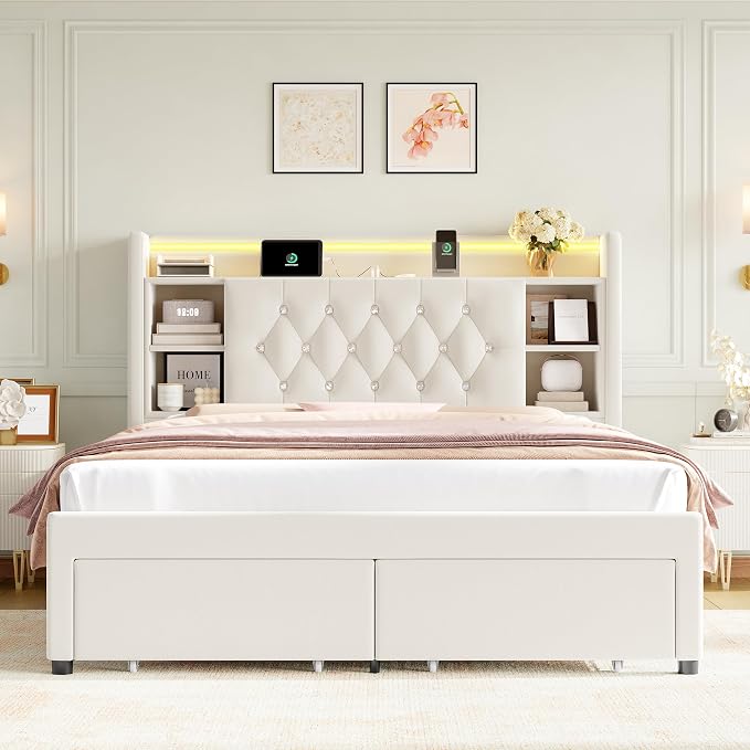 Queen Bed Frame with Drawers, Hidden-Cubby & Shelves Storage Headboard with - Image 9