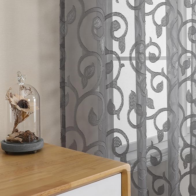 OWENIE Furman Grey Sheer Curtains 54 Inch Length 2 Panels Set - Image 3