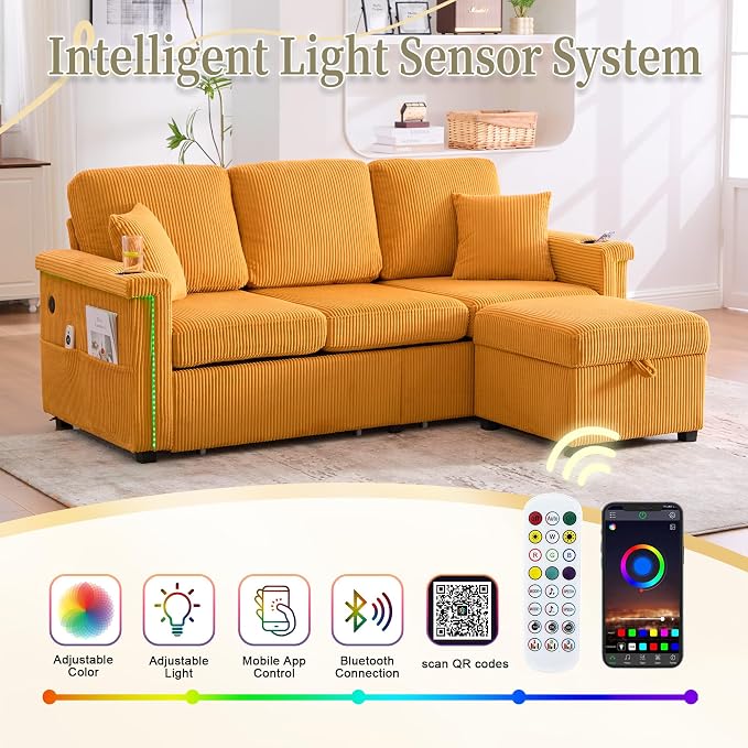 L-Shaped Sectional Sofa with Storage & Movable Ottoman, Corduroy 3 Seater - Image 7