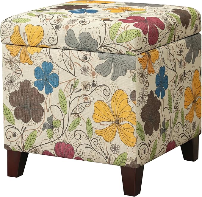 Adeco 18 Inch High Cube Ottoman Storage, Floral Printed Linen Chair Foot Stools by Adeco
