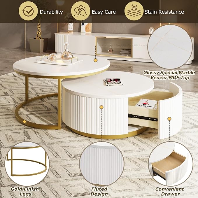 27.6" Modern Round Nesting Coffee Table Fluted - Image 7