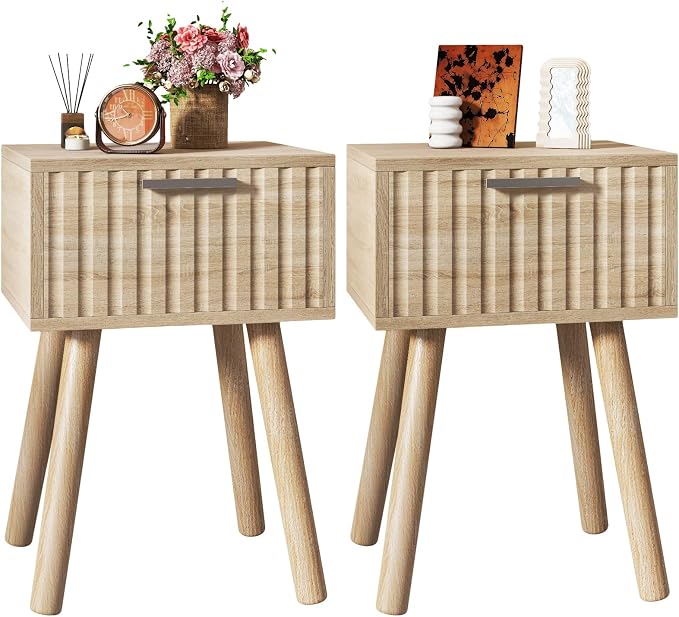 YMYNY Narrow Fluted Nightstand Set of 2, Small End Table, Modern Coffee Table by High-qualityhomefurnishing