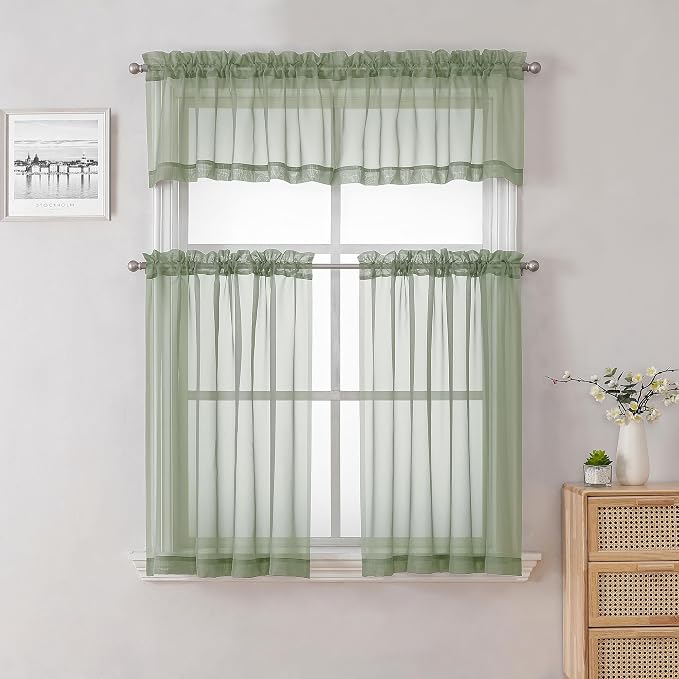 Lecloud Sage Green Short Sheer Curtains 14 Inch Length 2 PCS, Cafe Kithen - Image 3