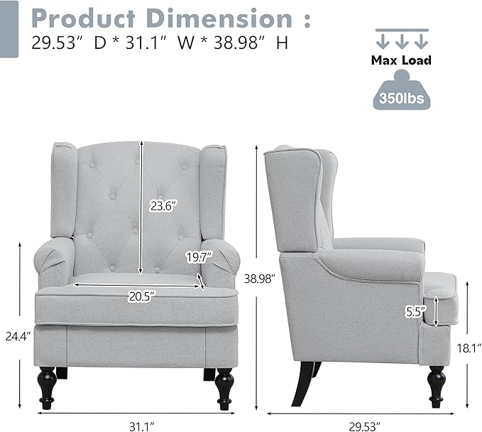 Accent Chair for Living Room, Mid Century Modern Upholstered Armchair, Wingback - Image 2